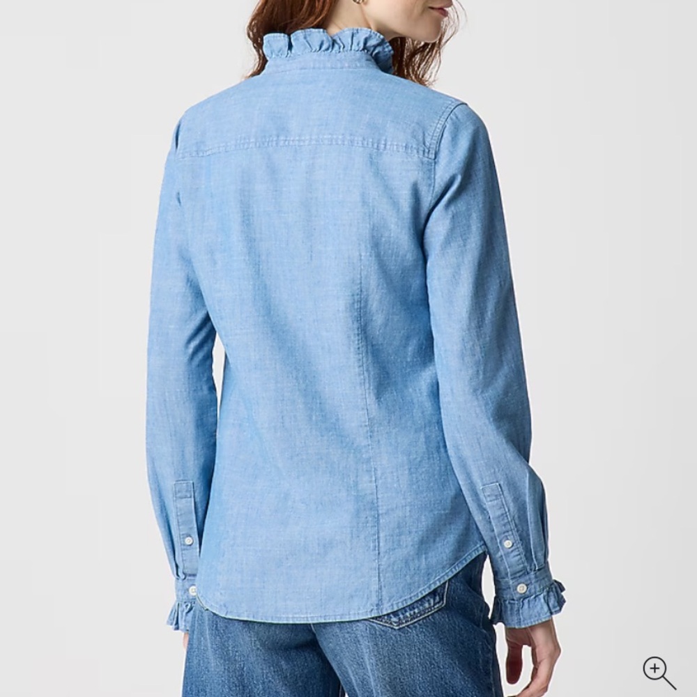 J.Crew Chambray Denim Ruffle Feminine Lightweight Cotton Button Down Large New! - Picture 3 of 7